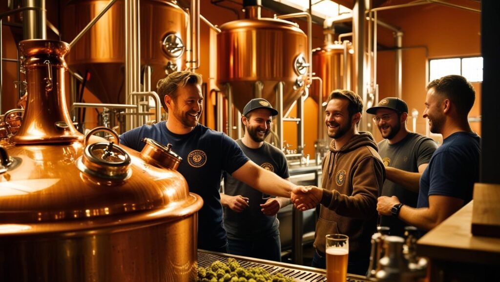 Five guys laughing in a craft brewery