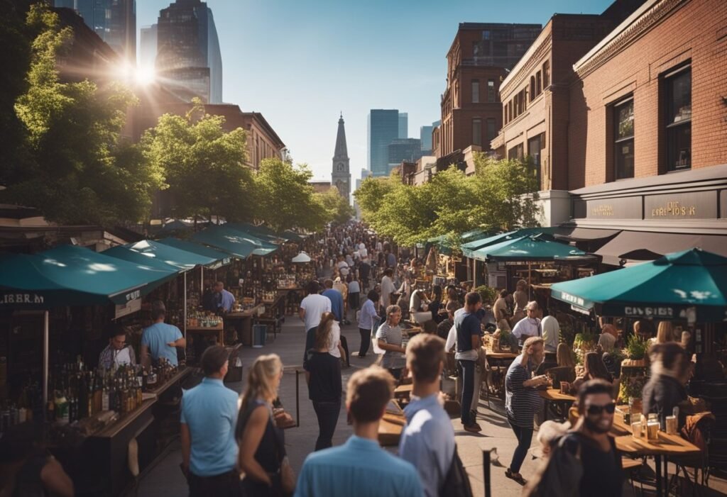 A bustling city street lined with craft breweries, beer gardens, and lively outdoor patios, with locals and tourists alike enjoying the vibrant beer culture of 2025
