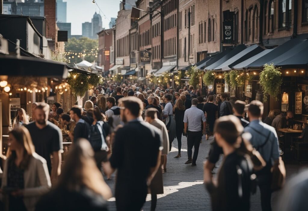 A bustling city street lined with breweries and beer gardens, filled with people enjoying craft beers and engaging in lively conversations