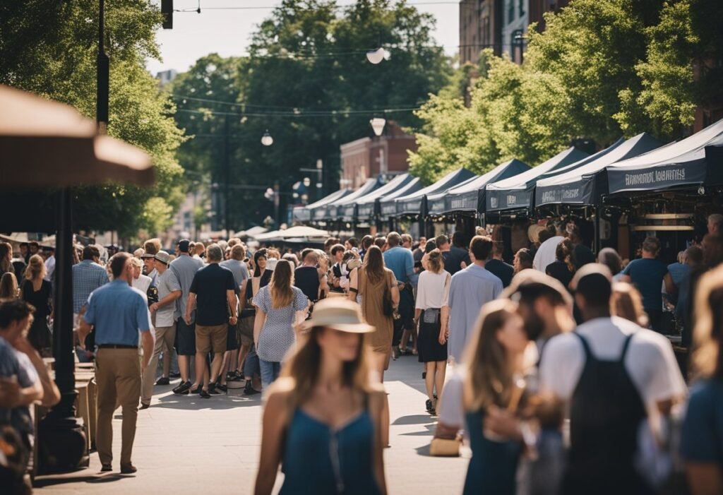 A bustling street lined with craft breweries and beer gardens, with people enjoying tastings and live music in Charlotte, North Carolina
