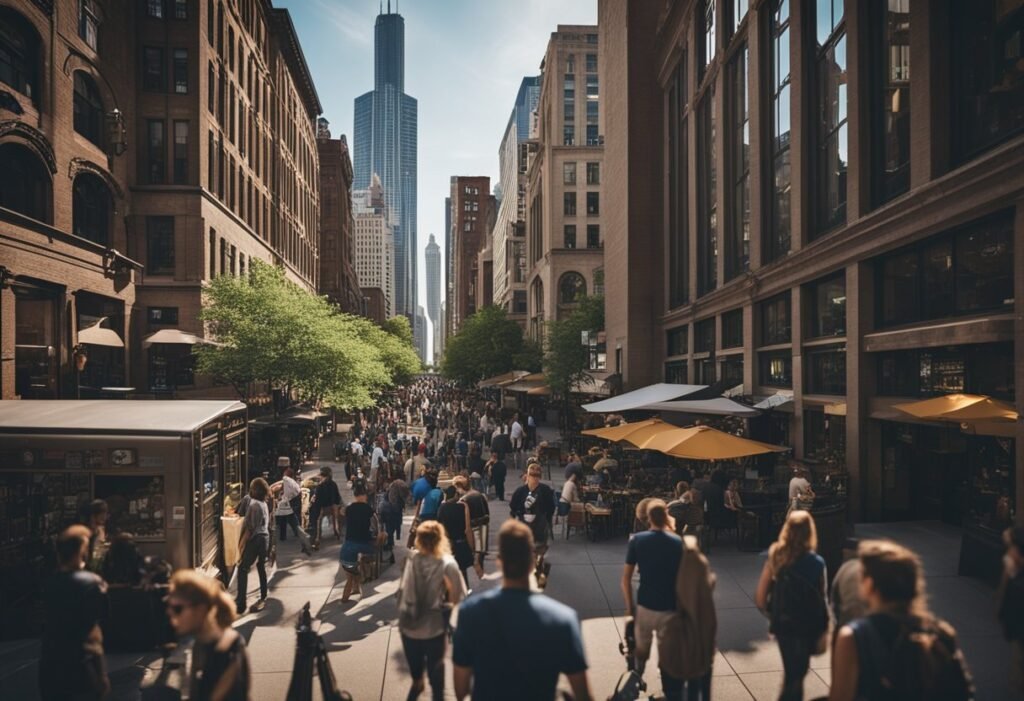 A bustling Chicago street lined with craft breweries and beer gardens, showcasing the city's vibrant beer culture in 2025