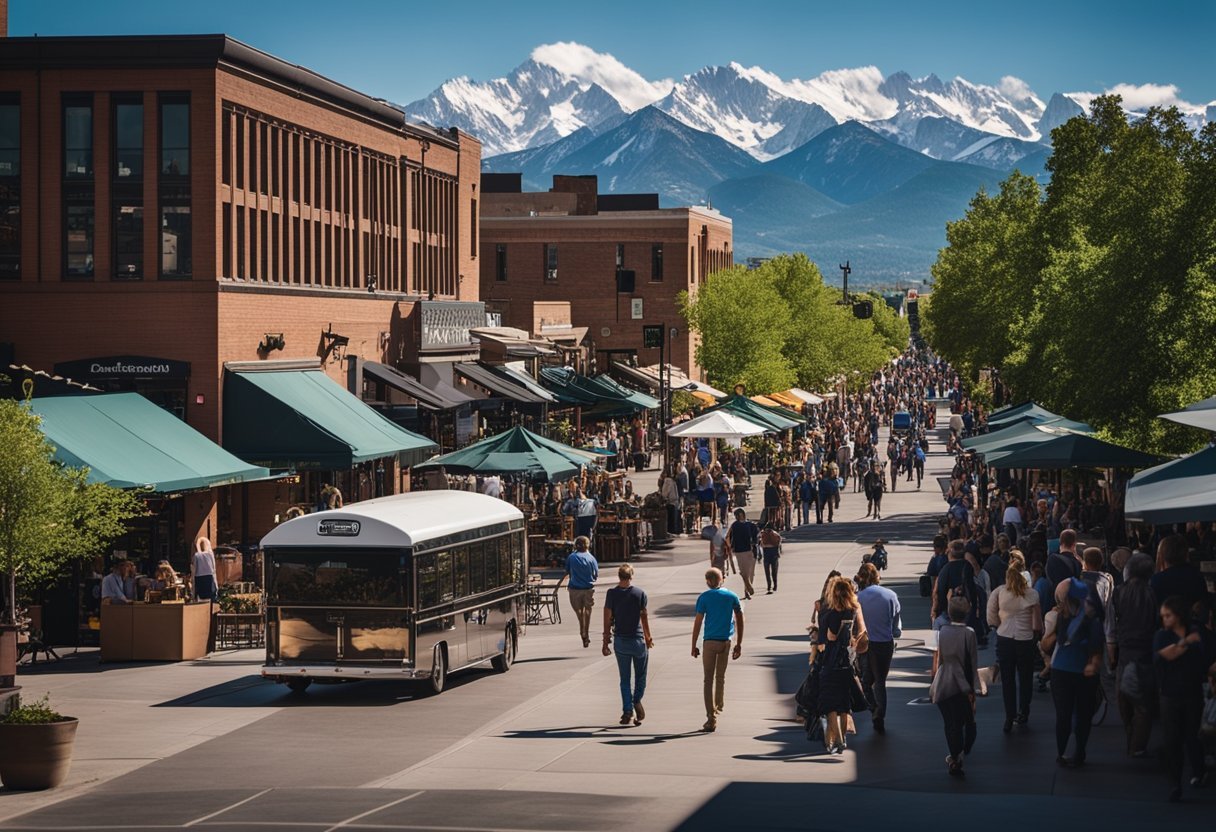 A bustling Denver street lined with craft breweries and beer gardens, with the Rocky Mountains in the background