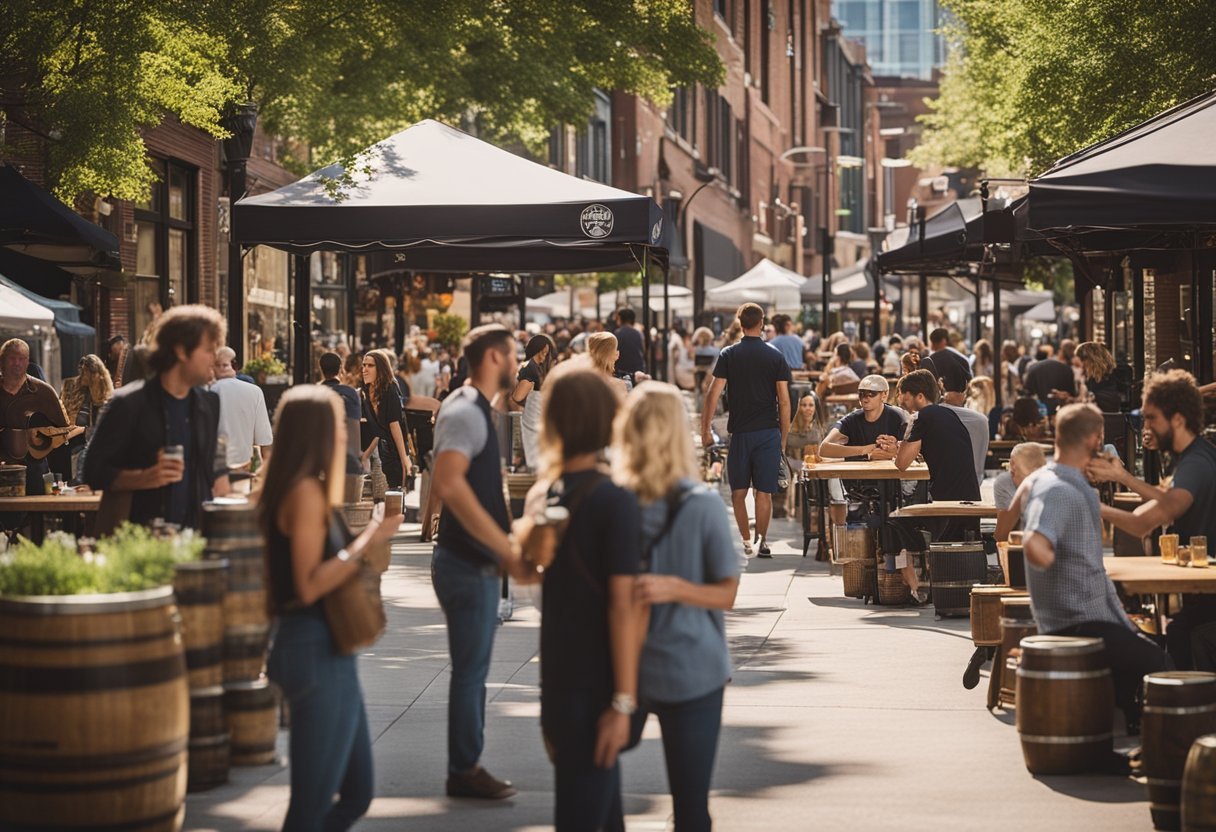 A bustling street lined with craft breweries and beer gardens in Grand Rapids, Michigan, with people enjoying tastings and live music