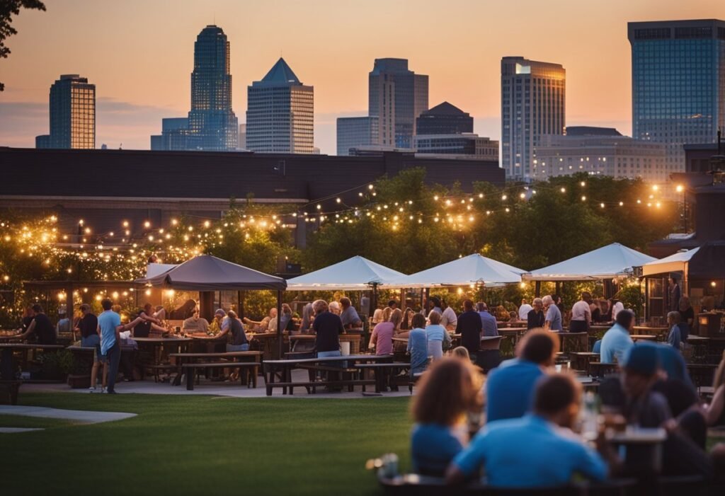 A bustling beer garden in Milwaukee, Wisconsin, with a skyline backdrop and people enjoying craft brews at sunset