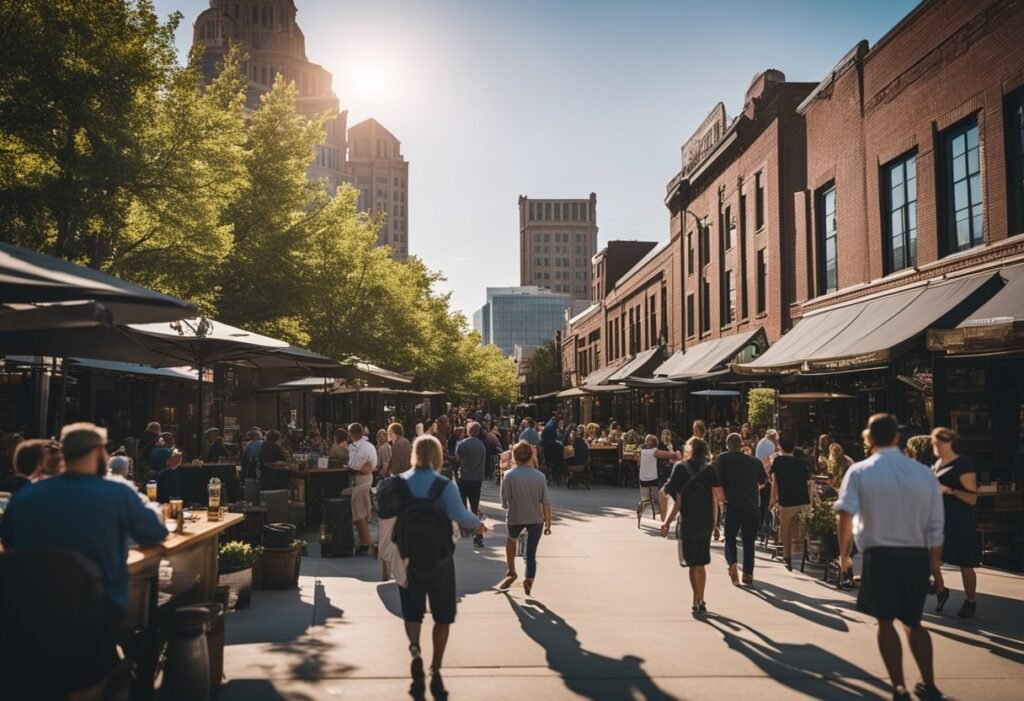 A bustling brewery district in Omaha, Nebraska, with colorful taprooms and outdoor beer gardens, showcasing the city's status as one of the best beer cities in the USA in 2025