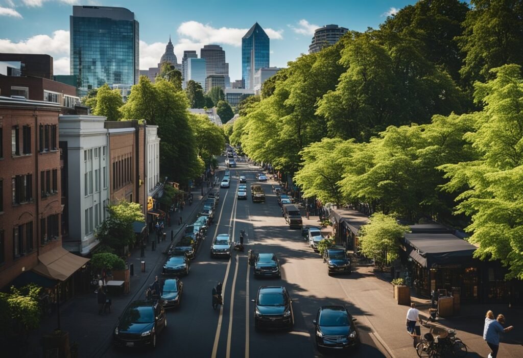 A bustling Portland street lined with craft breweries and beer gardens, surrounded by lush greenery and the iconic city skyline