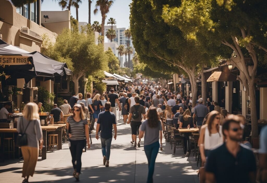 A bustling San Diego street lined with craft breweries and beer gardens, with people enjoying pints and the warm California sun