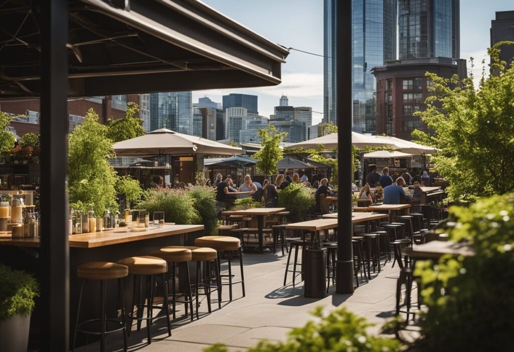 A bustling brewery district in Seattle, with colorful taprooms and outdoor seating, surrounded by lush greenery and the city skyline in the background