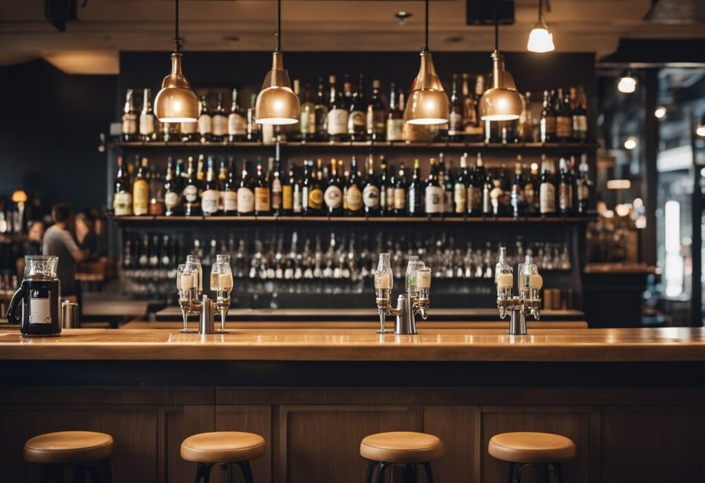 A bustling craft beer bar in Barcelona, with a variety of taps and bottles, patrons chatting and enjoying their drinks, and a lively atmosphere