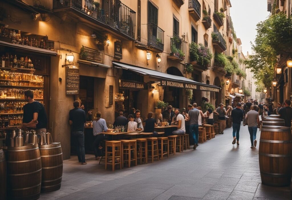 A bustling street in Barcelona lined with colorful craft breweries, lively pub crawls, and cozy beer bars, all filled with locals and tourists enjoying the vibrant beer scene