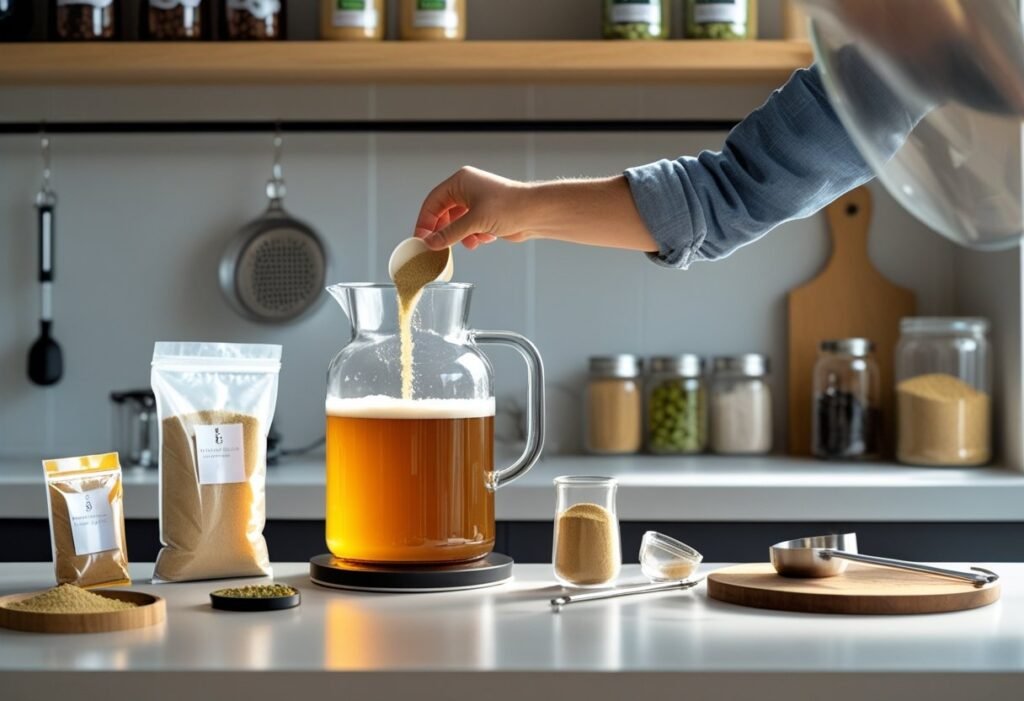 A person pouring malt extract into a glass brewing kettle on a kitchen countertop with brewing tools and ingredients nearby.