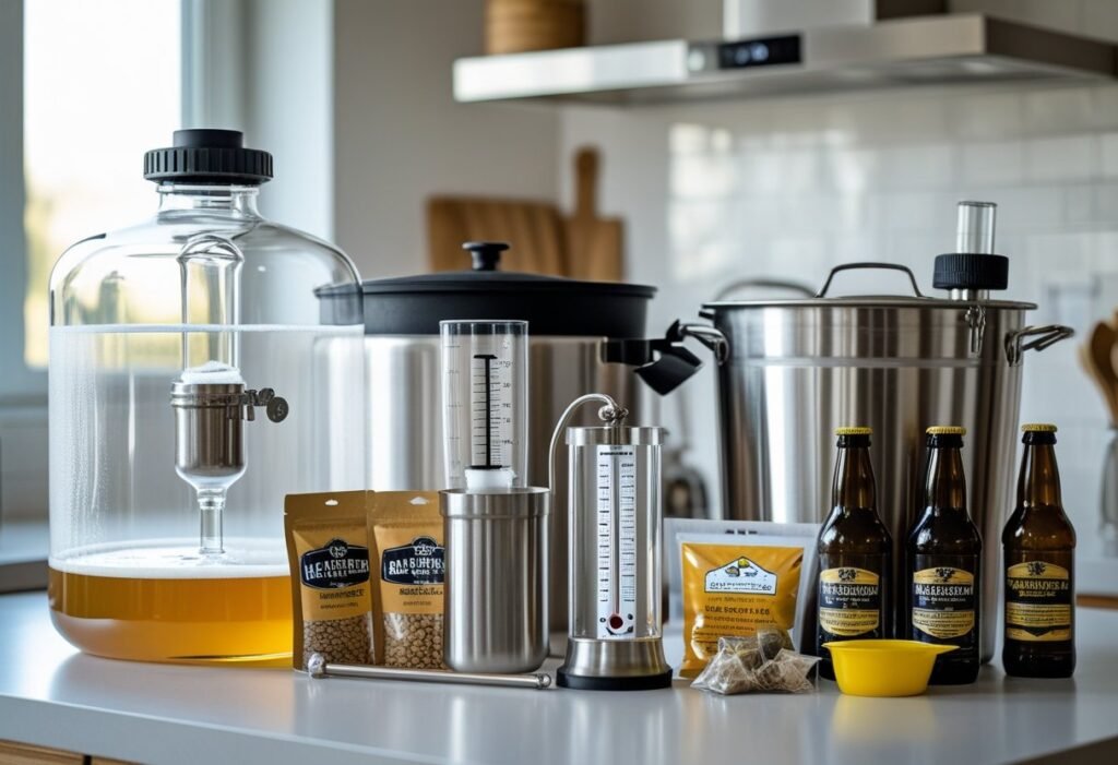 A kitchen countertop displaying essential homebrewing equipment including a glass fermenter, brewing kettle, hydrometer, plastic bucket, bottles, malt extract packets, and brewing tools.