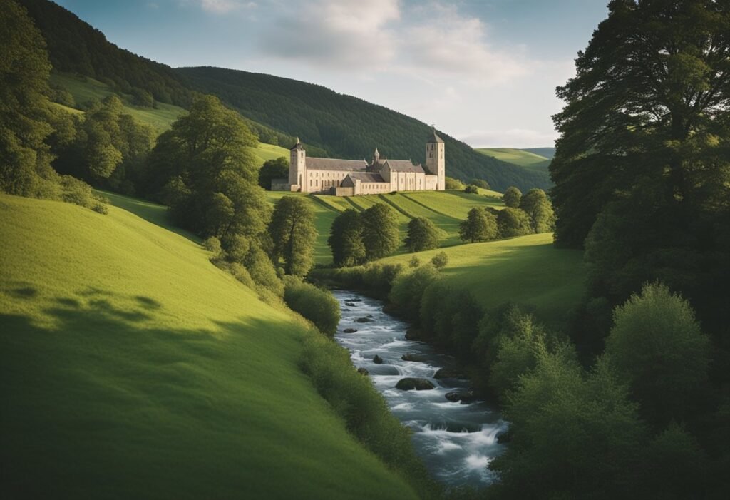An ancient abbey nestled among rolling hills, surrounded by lush greenery and a bubbling stream, with a towering brewery at its center