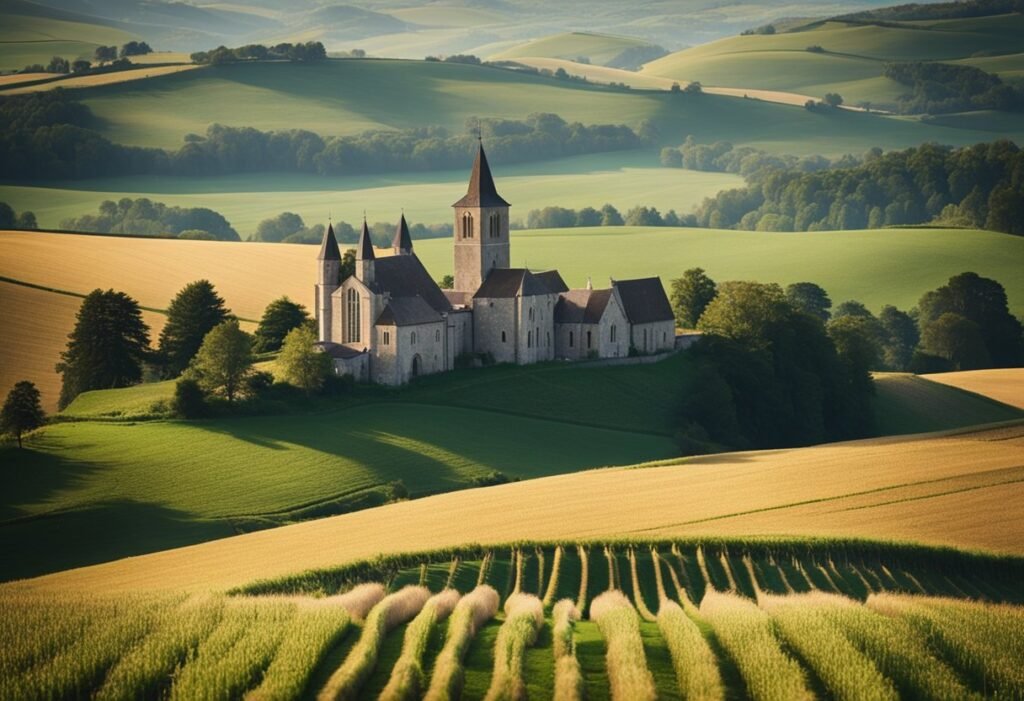 A tranquil abbey nestled among rolling hills, with a brewery in full operation, surrounded by fields of barley and hops