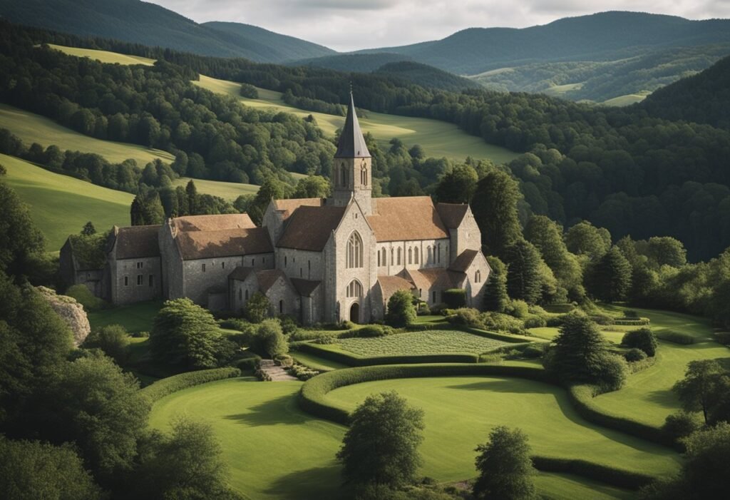 A serene abbey nestled among rolling hills, with a picturesque brewery at its center, surrounded by lush gardens and a tranquil stream