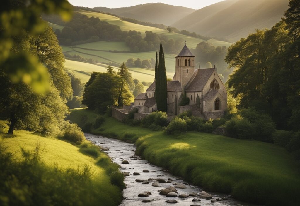 A tranquil abbey nestled in rolling hills, surrounded by lush greenery and a bubbling brook. A warm, inviting glow emanates from the brewery, where monks are hard at work crafting their renowned beer