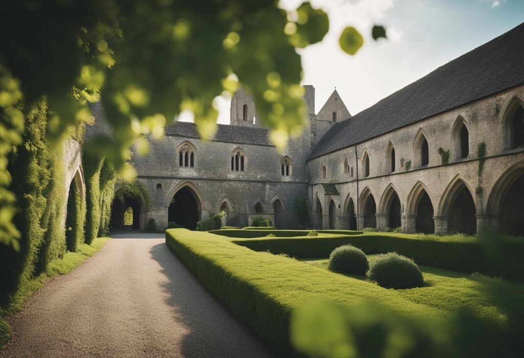A row of ancient abbey buildings with unique architectural features, surrounded by lush greenery and a tranquil atmosphere