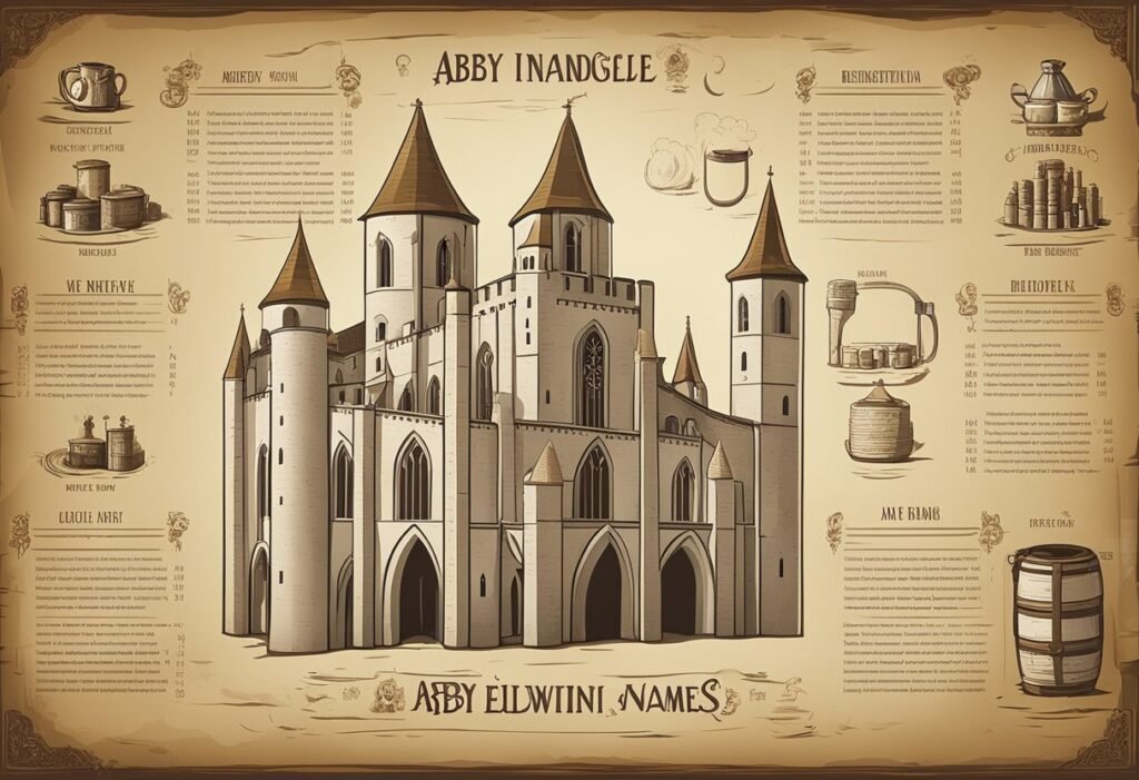 An illustration of a medieval abbey with brewing equipment and a list of the top 10 abbey names