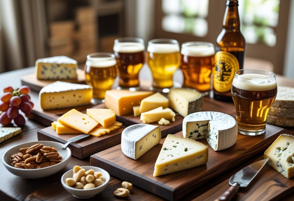 A wooden table displaying assorted cheeses and glasses of craft beer arranged for a cheese and beer pairing.