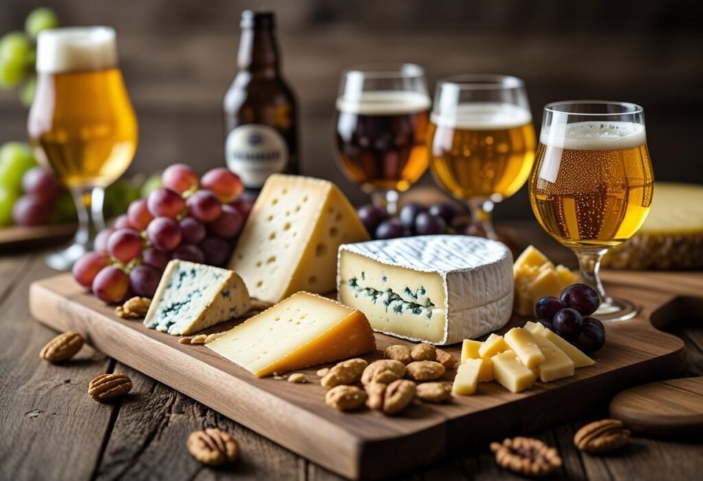 A wooden table with a cheese board featuring various cheeses, grapes, and nuts alongside glasses of different beers.