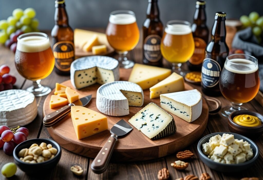 A wooden table with an assortment of cheeses on a cheese board, surrounded by glasses and bottles of craft beer, with grapes and nuts as accompaniments.