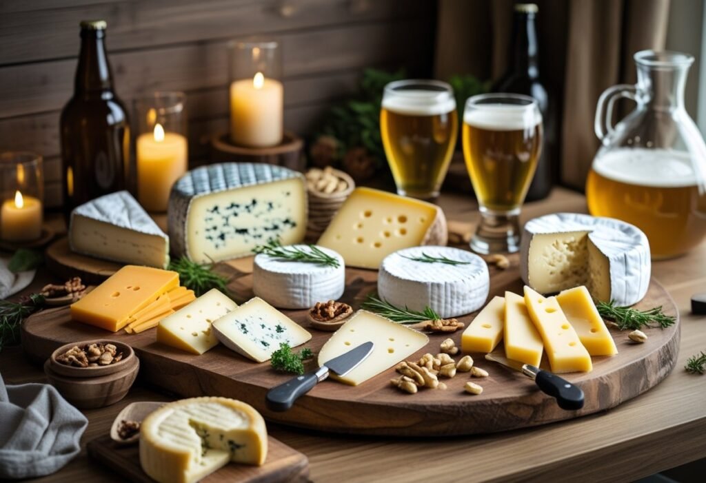 A wooden table set with assorted cheeses and craft beers, surrounded by cozy homebrewing equipment and warm lighting.