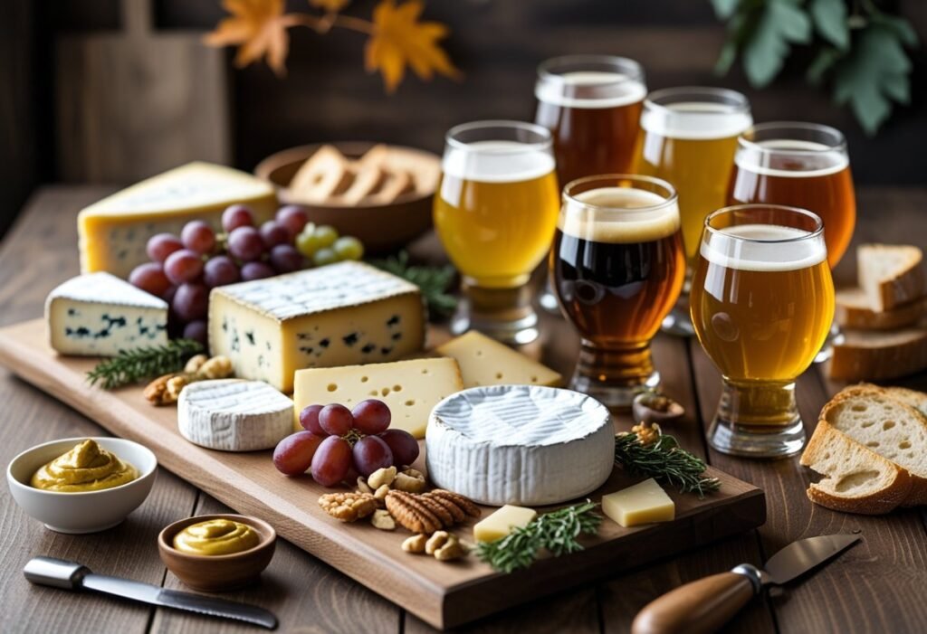 A wooden table with an assortment of cheeses, craft beers in glasses, grapes, nuts, and bread arranged for a cheese and beer pairing.