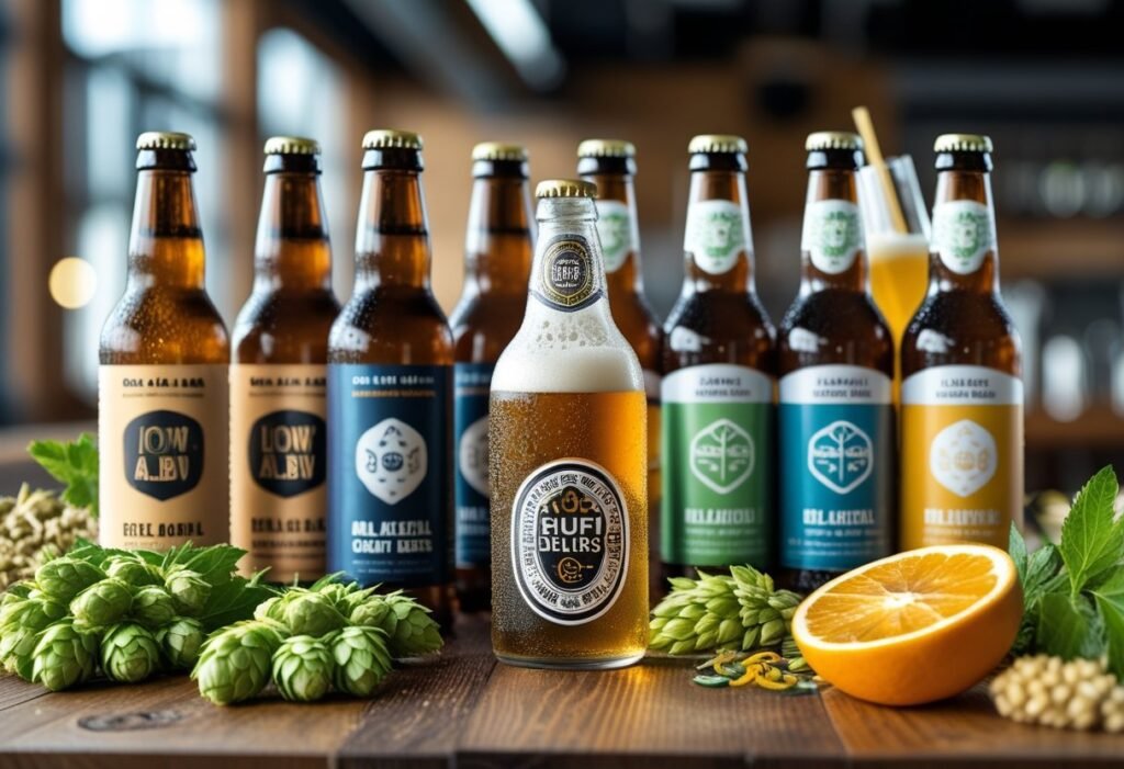A variety of craft beer bottles and cans with brewing ingredients on a wooden table in a softly lit setting.
