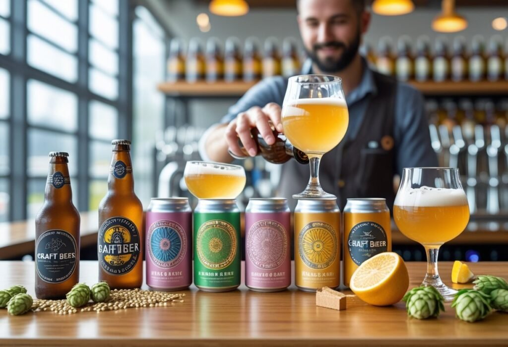 A bartender pouring a light craft beer into a glass with various craft beer bottles and cans displayed on a wooden bar counter.