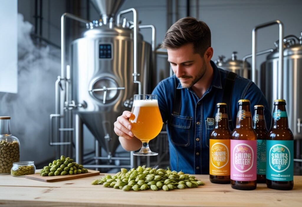 A brewer inspecting a glass of craft beer in a modern brewery with brewing equipment and ingredients nearby.