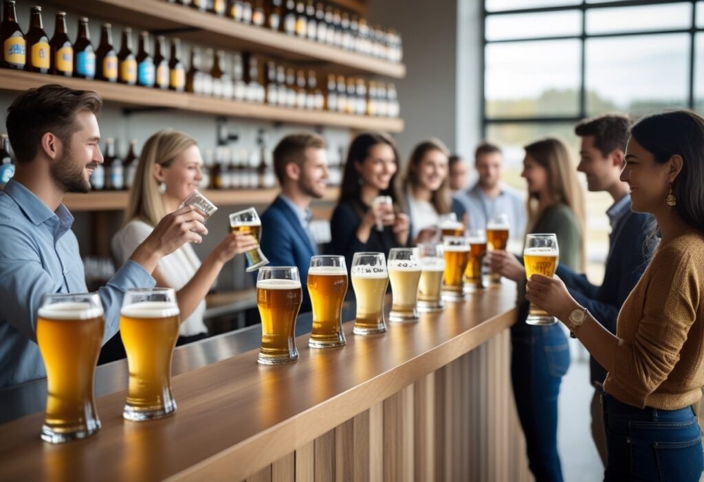People tasting a variety of craft beers at a bar with bottles and glasses displayed on shelves in the background.