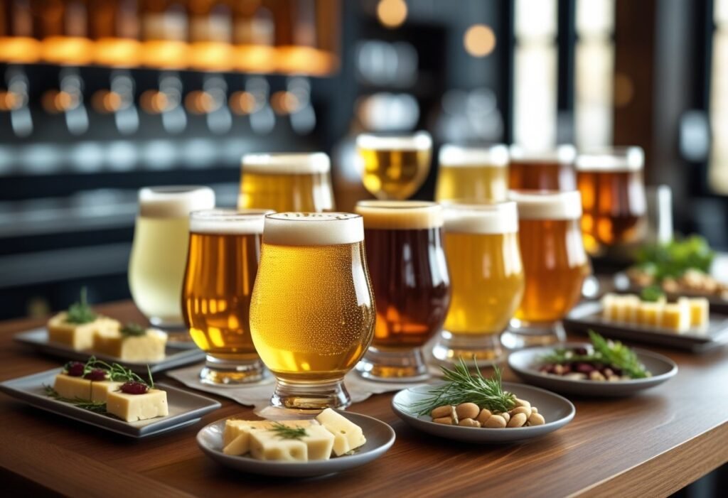 A table with various glasses of low-alcohol and non-alcoholic craft beers accompanied by small plates of appetizers in a modern bar setting.