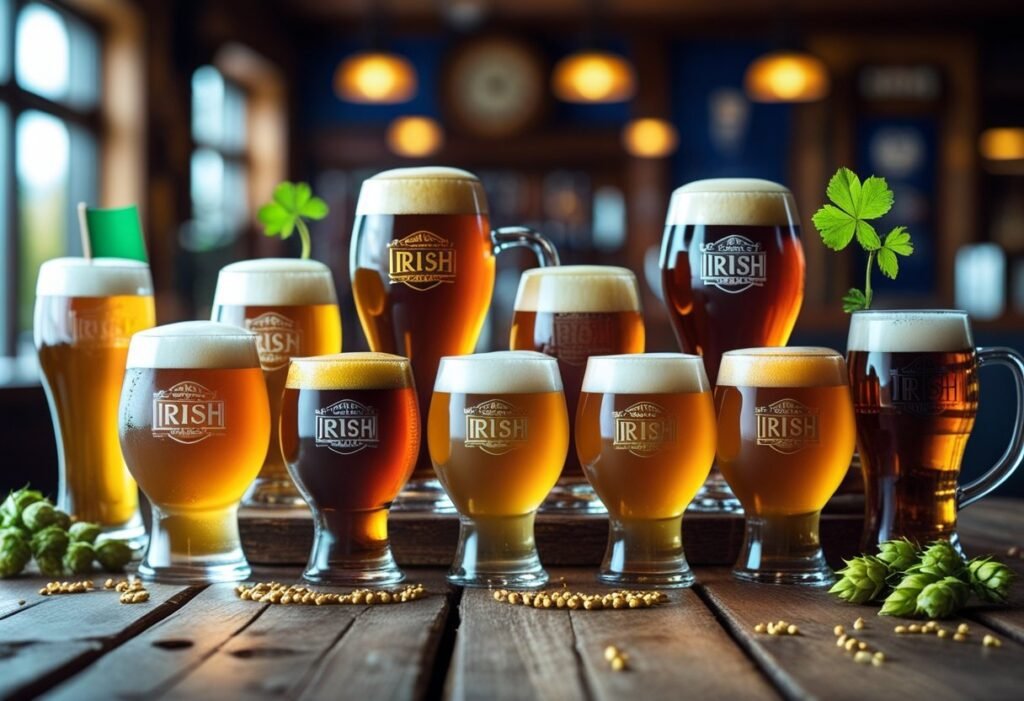 A wooden table displaying ten glasses of Irish Red Ale with amber and reddish colors, accompanied by barley, hops, and a small Irish flag, set in a cozy pub environment.