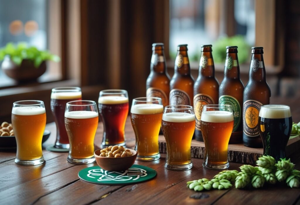 A wooden table displaying ten different Irish Red Ales in glasses and bottles with warm amber and red colors, surrounded by nuts and hops.