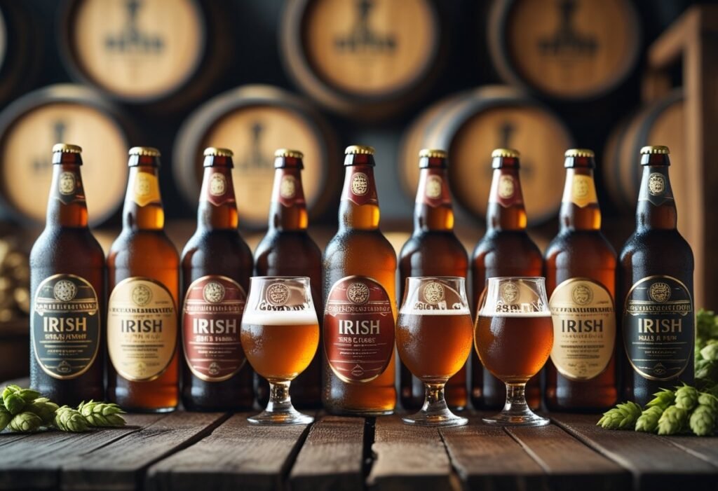 A variety of bottles and glasses of Irish Red Ales displayed on a wooden table with barley and hops nearby.