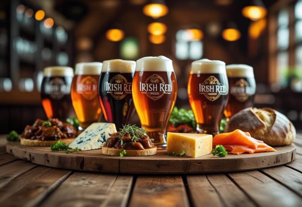 A table with several glasses of Irish Red Ale and plates of traditional Irish food including stew, smoked salmon, cheese, and soda bread.