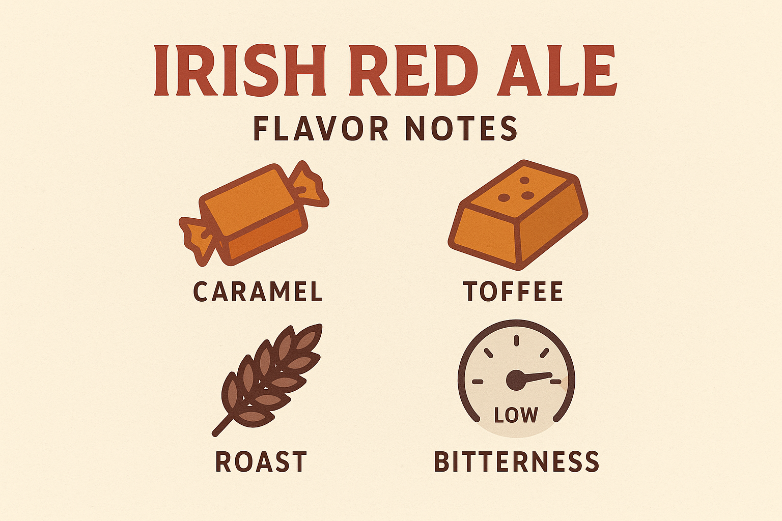 Infographic Style Visual – “Irish Red Ale Flavor Notes” (caramel, toffee, roast, low bitterness) with icons