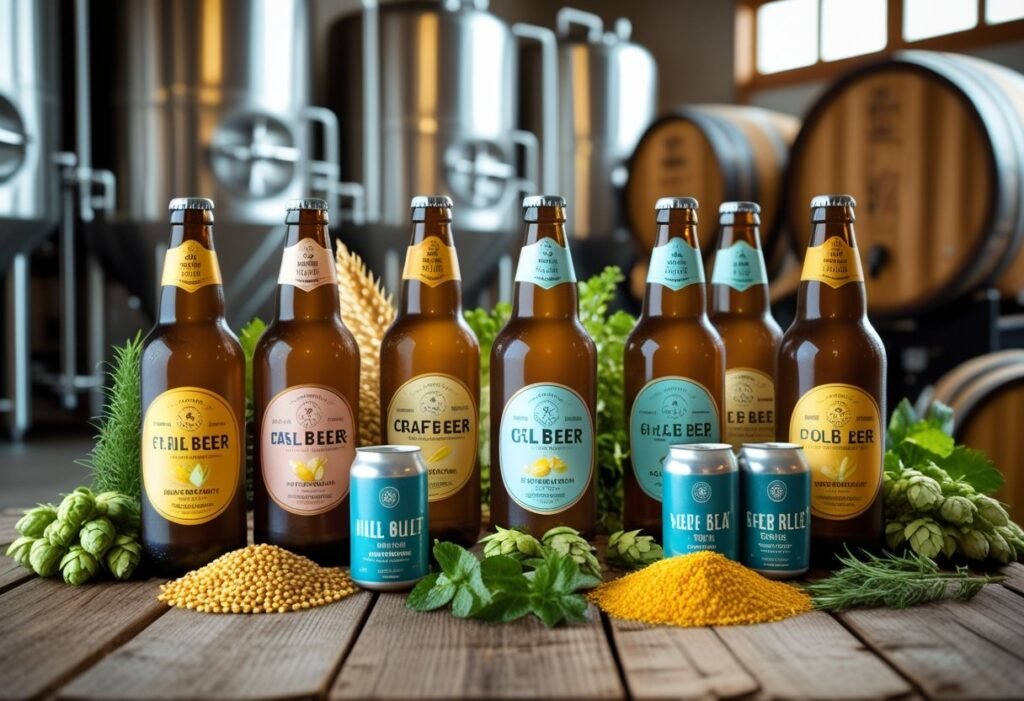 An assortment of craft beer bottles and cans on a wooden table surrounded by fresh ingredients, with a brewery setting in the background.