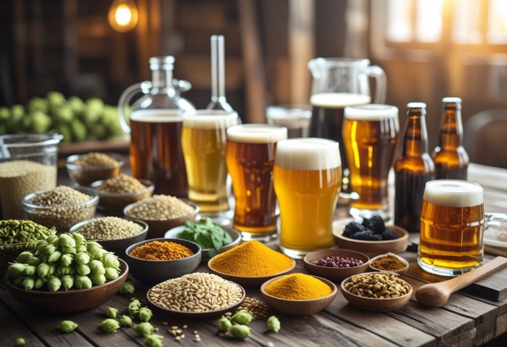 A wooden table with craft beer ingredients, brewing tools, and various bottles and glasses of beer arranged neatly.