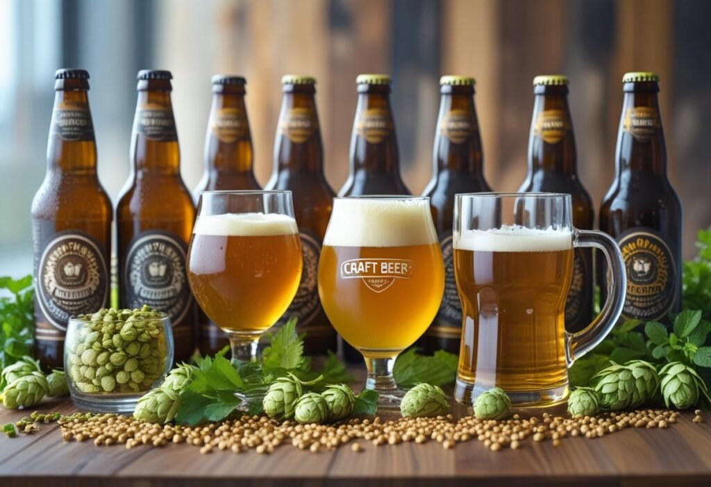 A wooden table displaying various craft beer bottles and glasses with different colored beers, surrounded by fresh brewing ingredients like hops and grains.