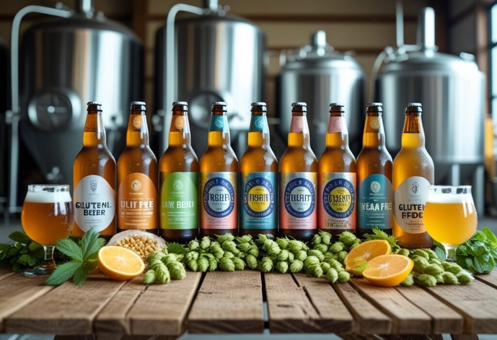 A variety of craft beer bottles and cans displayed on a wooden table with fresh ingredients and a brewery background.