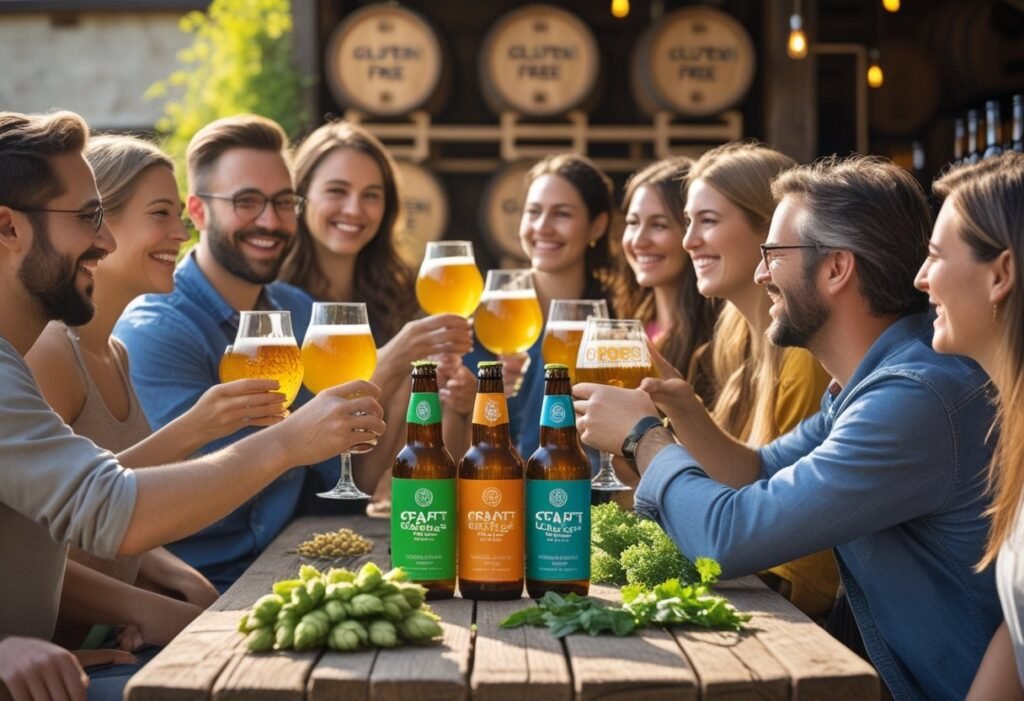 People gathered around a wooden table outdoors, enjoying and tasting various craft beers with natural ingredients and bottles visible.