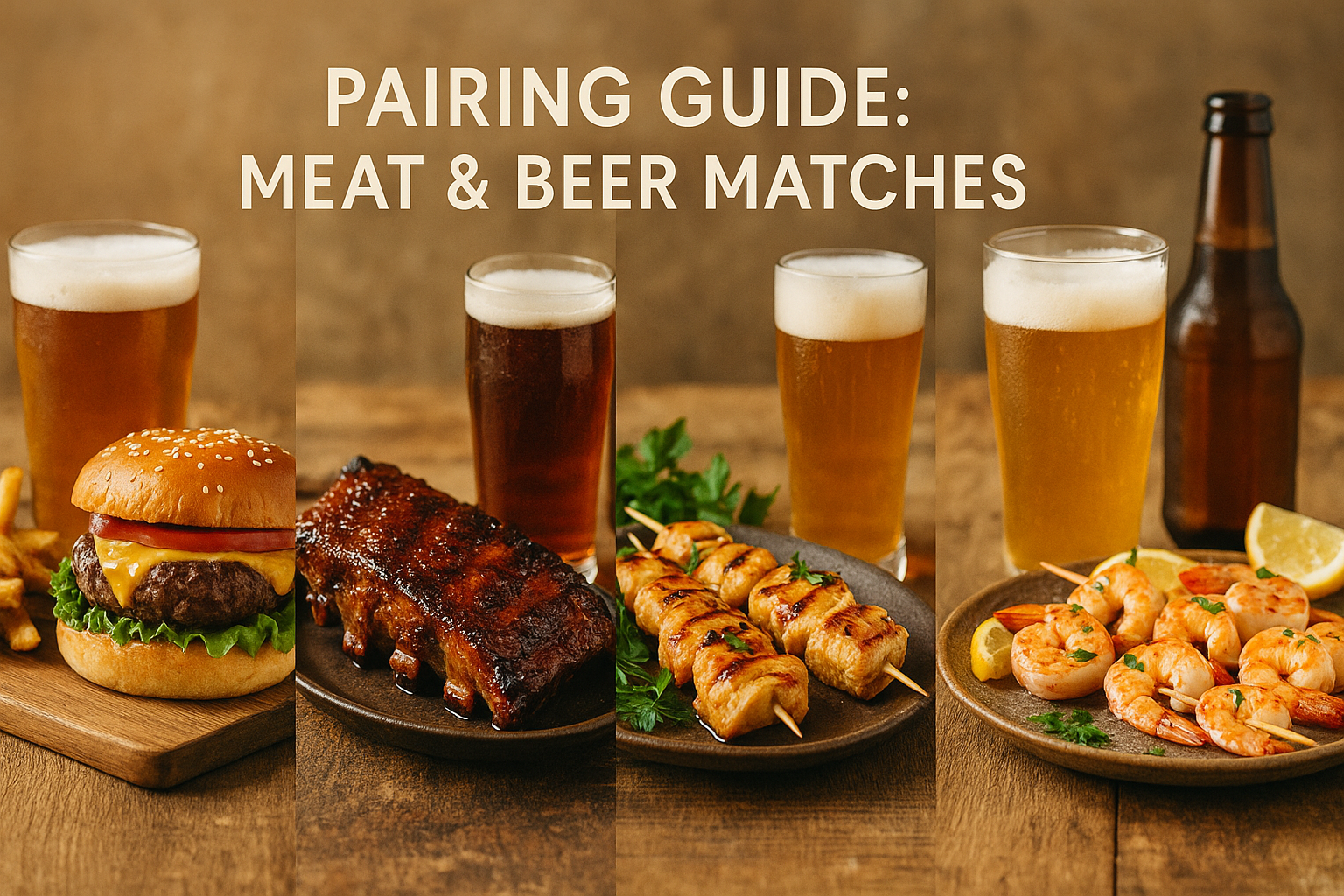 Four-panel photorealistic food photography collage showing grilled burgers with pale ale, sticky glazed ribs with brown ale, golden chicken skewers with wheat beer, and shrimp skewers with light lager. Each panel styled with rustic wooden boards, beer glasses, and summer BBQ lighting.