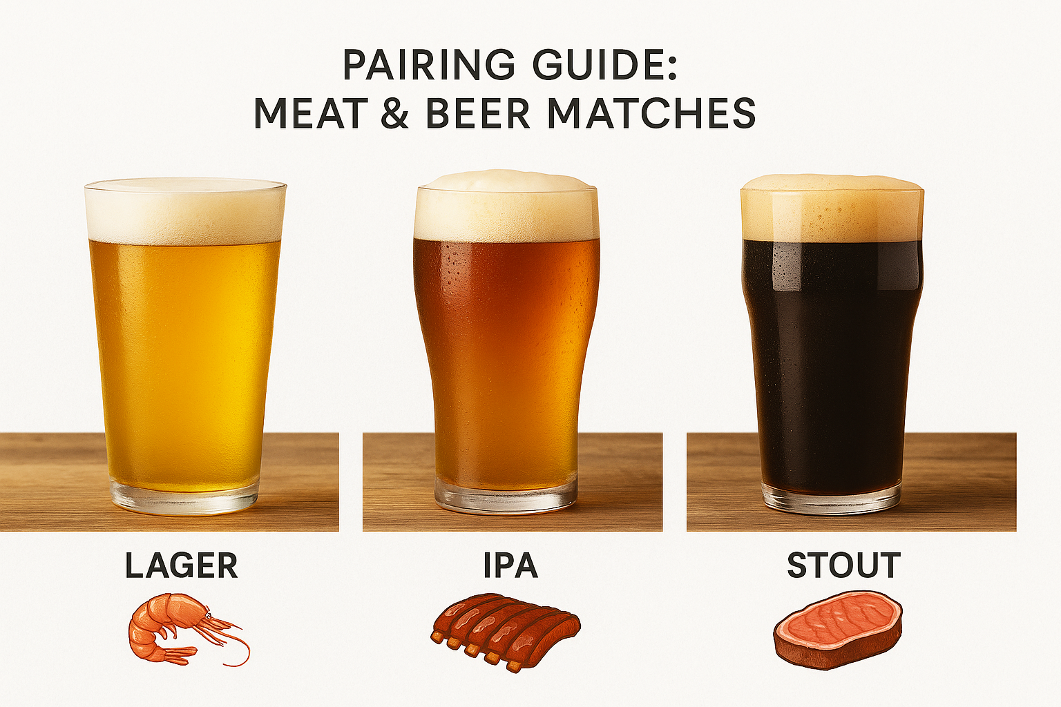 Photorealistic lineup of three different beer glasses each filled with lager, IPA and stout. Small illustrated food icons under each glass show ideal pairings: shrimp, ribs and ribeye steak. White background with subtle shadows and modern font labels.