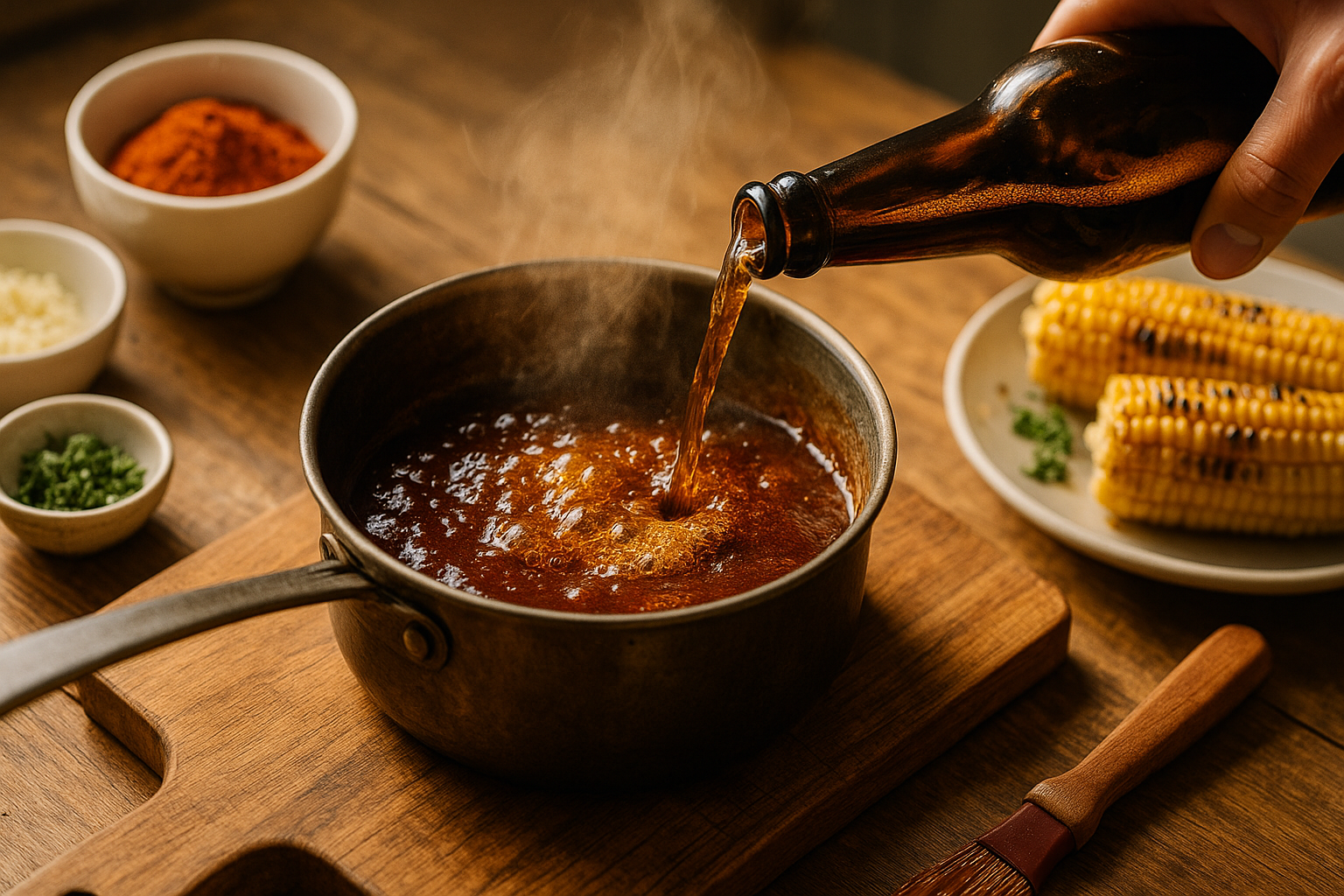 Photorealistic close-up of a saucepan of bubbling BBQ sauce on a rustic wooden counter, with dark beer poured from a brown bottle into the sauce. Steam rising, warm golden-hour light, surrounded by paprika, garlic, herbs, grilled corn, and a BBQ brush.