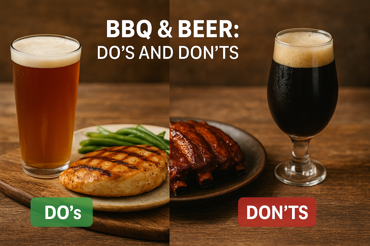 Split-screen high-resolution photo showing BBQ and beer pairing tips. Left side: perfect match with beer in correct glass at right temperature served with a matching dish. Right side: pairing mistake with mismatched beer style, wrong glassware, and overpowering flavors. Overlay text reads ‘BBQ & Beer: Do’s and Don’ts’