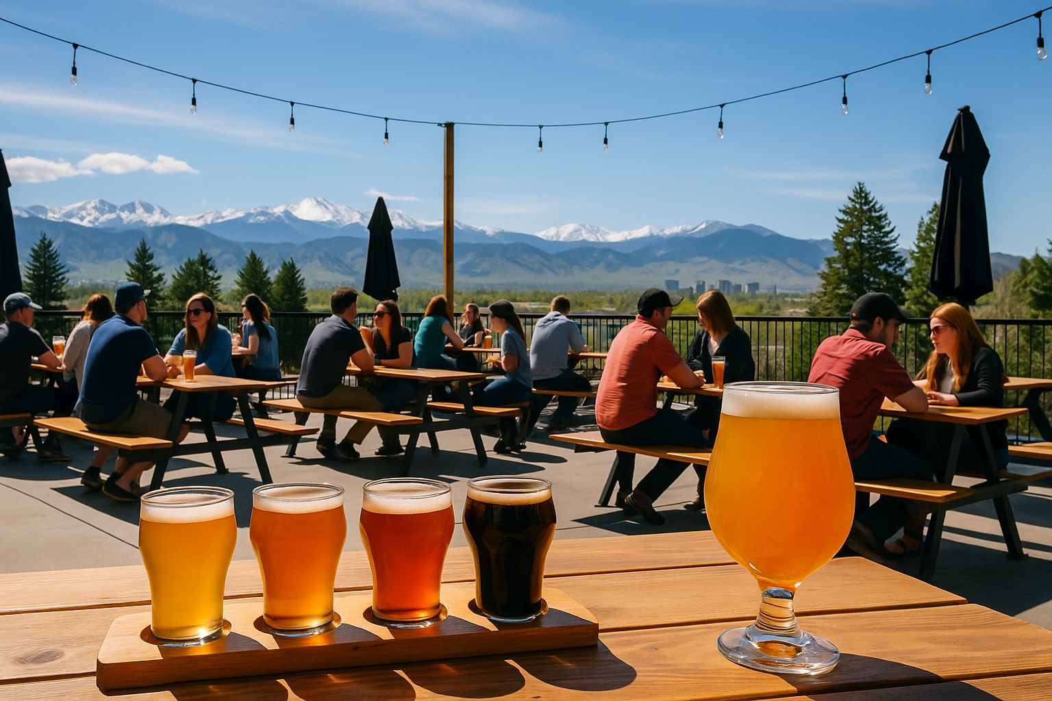 Denver brewery patio with Rocky Mountains backdrop.