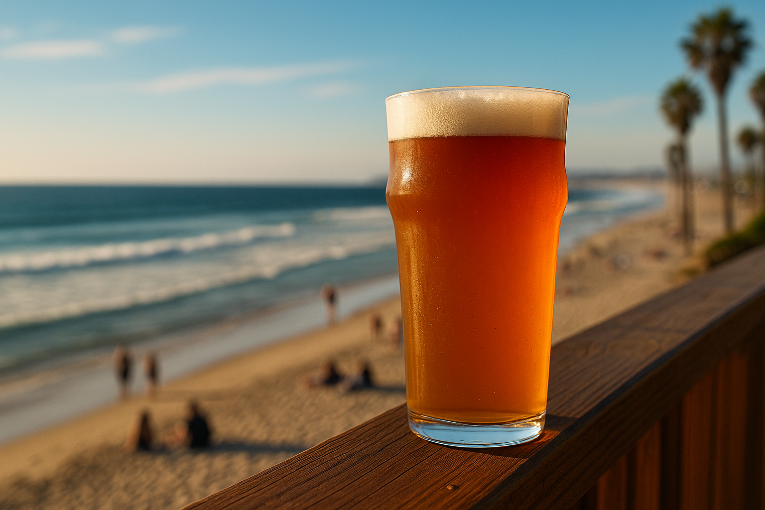 IPA pint glass with San Diego coastline in the background.