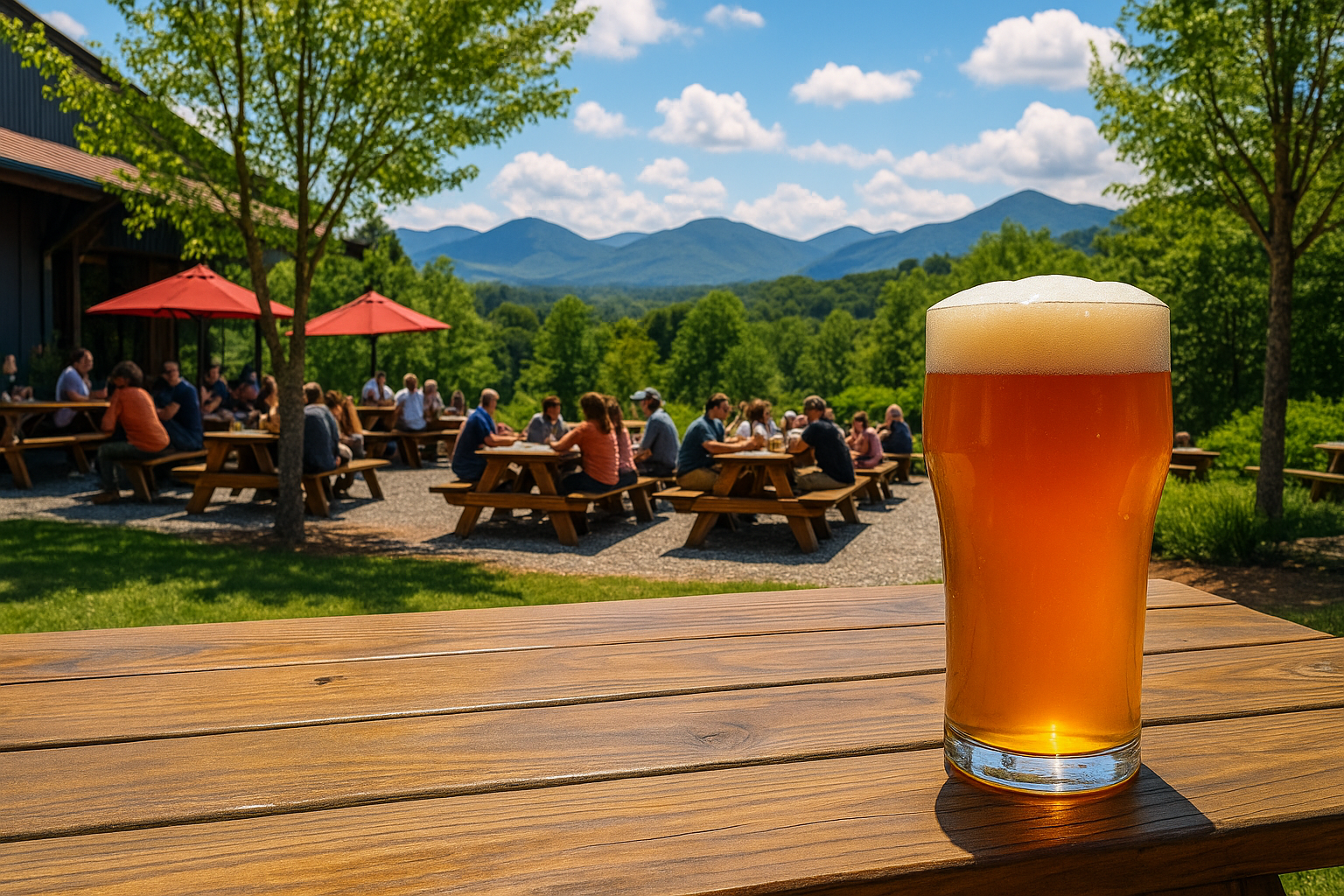 Asheville brewery beer garden with Blue Ridge Mountains.