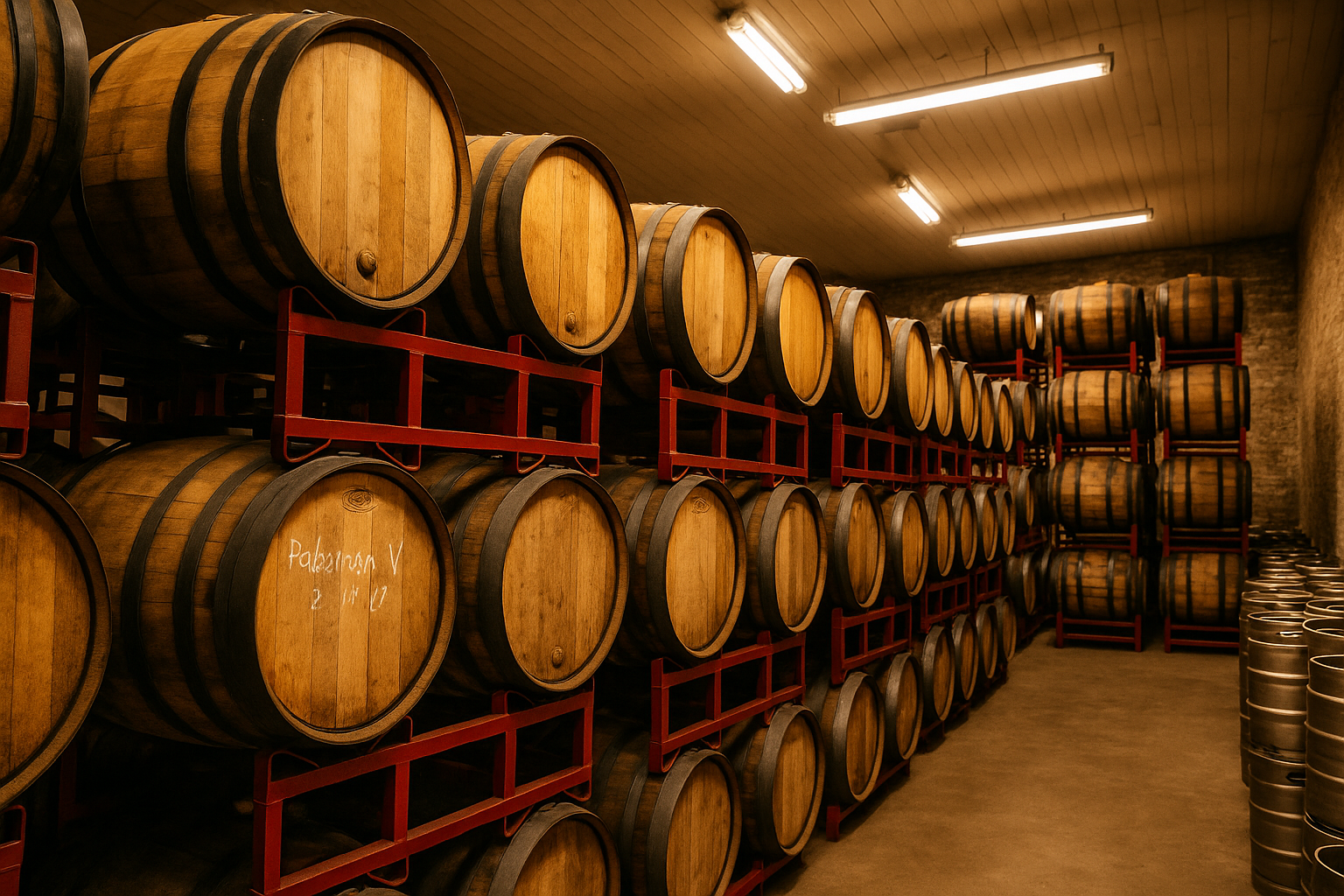 Chicago brewery barrel-aged stouts in cellar.